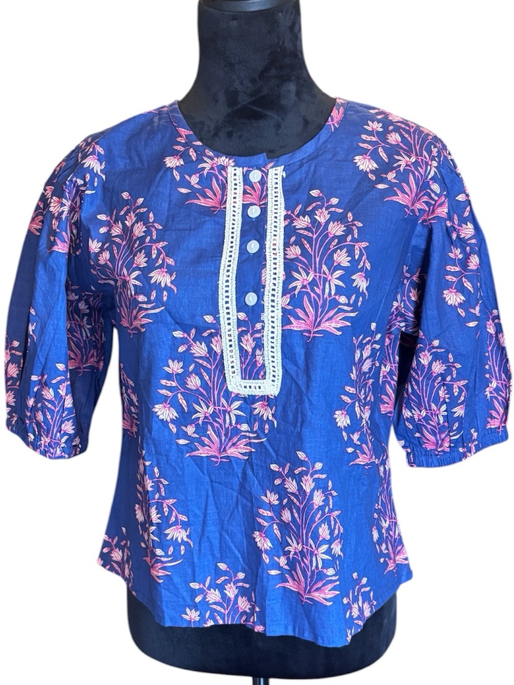 Fox & Hen Blue Floral Button-Front Peasant Top, Small, Boho Feminine Casual